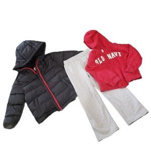5T winter jacket, zip up, and sweats